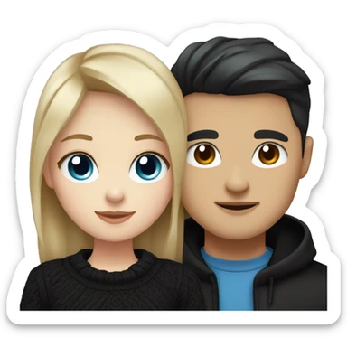 dark Blonde girl with blue eyes in black sweater and an east asian with light skin man with black hair and black eyes hugging sticker