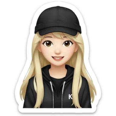 Portrait of a female K-pop idol, wearing a stylish streetwear outfit with layered clothing, long hair with bangs, makeup, wearing a black cap sticker