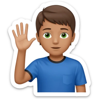 Boy 10 years old, with overgrown brown hair,with a with black and green eyes in a blue T-shirt, waves his hand sticker