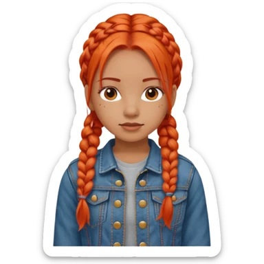 red orange braids hair girl, wear jean jacket sticker