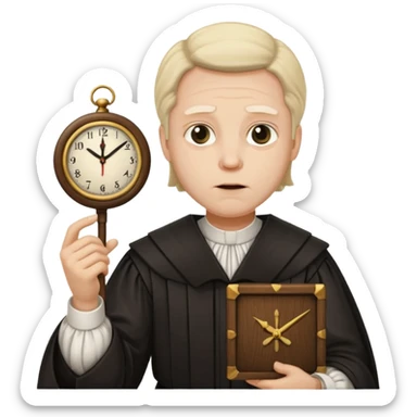 a 1600s judge with a hurried expression holding a clock that is UNFAIR sticker
