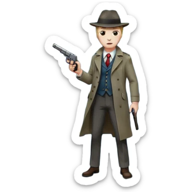 Icon for Detective Movie: Close-up of a detective holding a pistol on a dark London street, under a full moon. Bloodstains on the asphalt from a recent crime. The scene should evoke a gritty noir detective vibe with atmospheric shadows and moody lighting. Transparent background. sticker