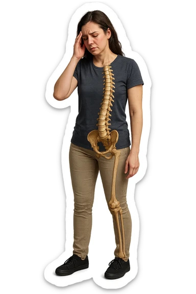 donna stanca a figura intera che si tiene una mano sulla tempia con spina dorsale anatomica visibile, iperrealistico 4k sticker