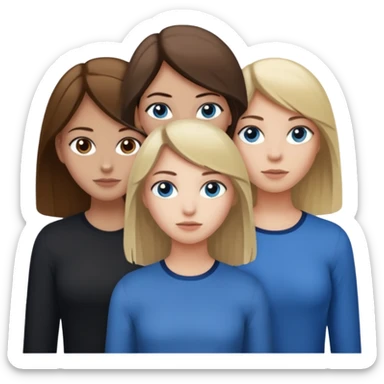 a trio of people where one girl in the back has white skin, brown hair, and brown eyes; another girl in the back has white skin, dirty blonde hair, and blue eyes; and the girl in the front has tan skin, dark brown hair and dark brown eyes. sticker