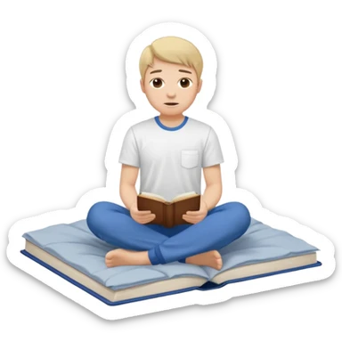 bed with a wrinkled blanket, the pillow out of place on the floor. t-shirt, pants, and an open book on the floor. sticker