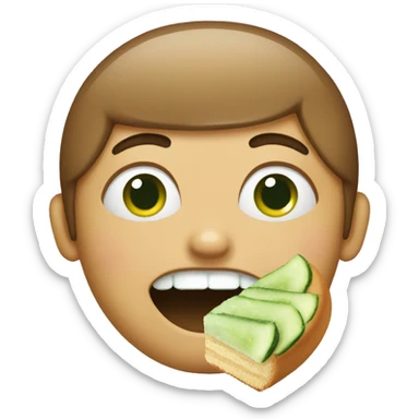 Someone eating a cake, but with cucumbers on their eyes sticker