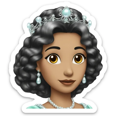 Regal pretty lady cheekbones crown vintage with very long iridescent black and silver hair wavy black hair pearl crown iridescent sticker