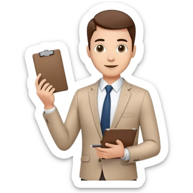 professional character standing and gesturing with one hand, while holding a clipboard or tablet in the other. The character wears smart casual business attire. sticker