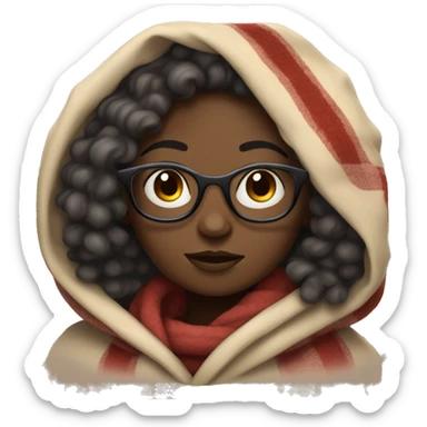 Dark skin girl with curly hair and glasses bundled up in a blanket  sticker