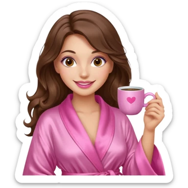 girl with long wavy brown hair, brown eyes, long lashes makeup, sexy pink lips, light to medium complexion, wearing a pink sexy silk top, smiling in a cozy pink robe drinking coffee sticker