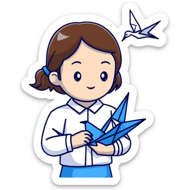 A Ukrainian young girl with brown hair wearing a white embroidered shirt holds an origami blue crane sticker