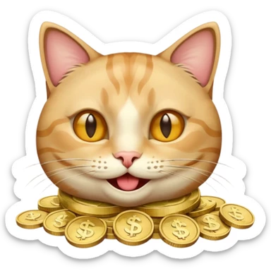 smiling cat with coins or dollar bills in its eyes, lively emoji style, mimicking cash eyes emoji sticker