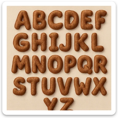 brown plush English alphabet, letters stitched onto a fabric background, soft texture sticker