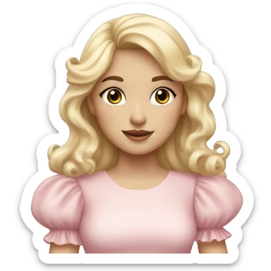 Blonde, pale girl with bangs and long, curly hair and a pastel pink puff sleeve dress sticker