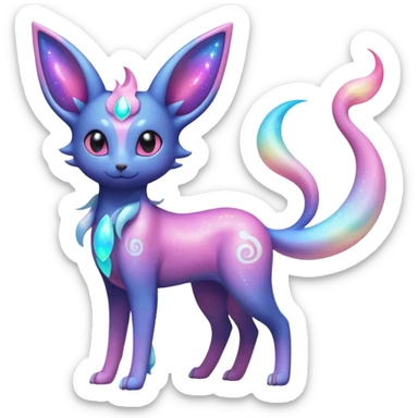 Shiny Iridescent Nebulae Espeon-Umbreon-Sylveon-Dragonair-Fakémon-hybrid-creature (full body)  with a galaxy-dust-flowing-gradient-tail sticker