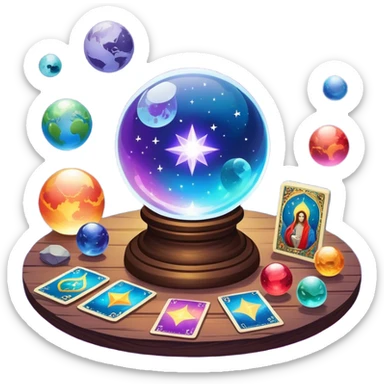 a mystical icon featuring a crystal ball (fortune-telling sphere) on a table with tarot cards scattered around. Surround the scene with planets, stars, and zodiac signs. The design is vibrant, magical, and evoke a sense of mystery and spirituality, with glowing effects and a cosmic atmosphere. sticker