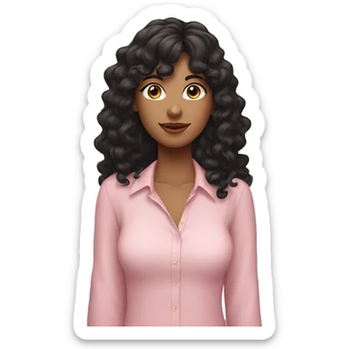 woman with long black curly hair and bangs and dark brown eyes, wearing a pastel pink blouse sticker