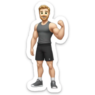 Full height Actively gesturing with hands Pale skinned Fit Man With the biceps and brown hair in dark gray Sleeveless Mike, black oversize sports shorts, watch and white Sneakers sticker