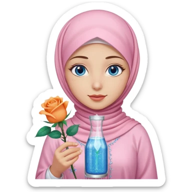 Turkish beautiful finish Konya girl blue eyes with light pink hijab islamic dress and had on her hand Glittery rose mocktail with orange light pink roses sticker