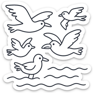 Cartoon coloring book for children. Fly over the sea birds of various species. Black and white line vector illustration. sticker