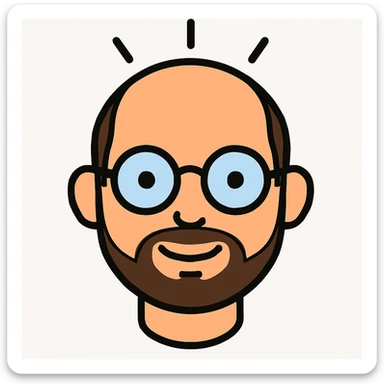 Add a light beard to the face and make the head half bald (not fully bald), keeping the rest of the face unchanged. Preserve the original style and background. The original style is not specified or does not support editing, so maintain the look as is while applying these changes. sticker