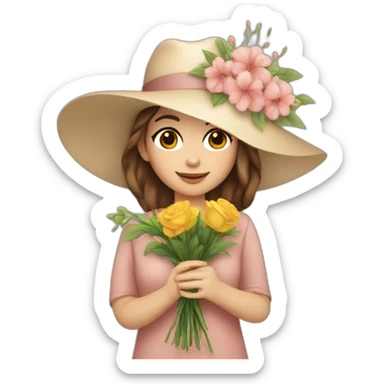 white skin, Girl with a hat, brown hair straight to the shoulders, holding a bouquet of flowers sticker
