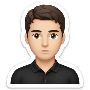 He’s a man with light to medium skin, a defined oval face, full brows, deep-set eyes, and wavy short dark brown tall hair styled with height, sides are trimmed. muscular. expression calm and focused relaxed black polo shirt. polished, articulate, and coach vibe. sticker