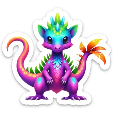 Exotic futuristic lush warm-colored neon tropical Fakémon-Fionbri-creature with cool-colored splash markings  sticker
