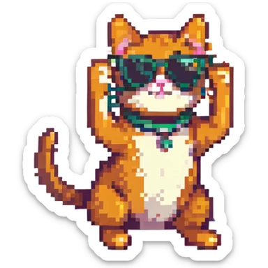 Cat wearing sunglasses in a playful stretching pose, pixel art style, no background. sticker