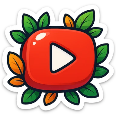 Very rounded, puffy YouTube logo in vibrant toon style, thick outline, dramatic solid shadows, shiny graphic highlights, surrounded by vivid leaves, no background. Focus on contours, shadows, and glossy effects, matching the reference style, but keep everything flat and illustrated. sticker