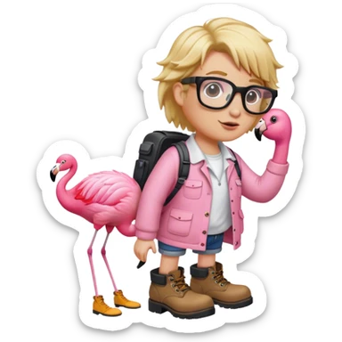 Flamingo with work boots and bushy blond hair and eye glasses sticker