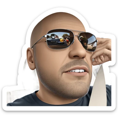 bald boys with sunglasses and car sticker