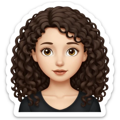 Aesthetic white girl with long curly hair color dark brown (almost black, but more brownish), hair most be in front of the shoulders. Big almond shape eyes color brown, small wide nose, natural lips, sweet expression. Dressed with a cute tight top color black. sticker