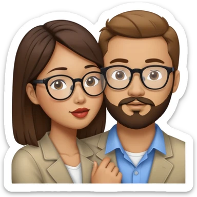 Asian American woman kissing a white guy with brown hair and the white guy has beard stubble and white guy has glasses and Asian American woman does not have glasses sticker
