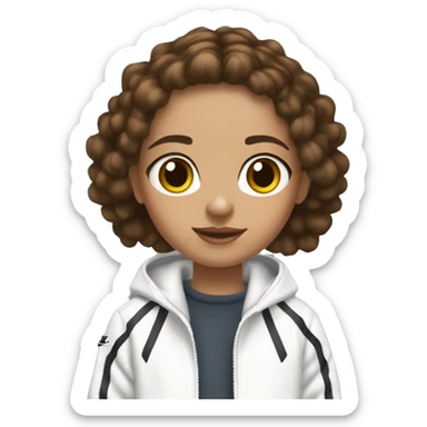 brown haired girl with highlights,  brown eyes, straight low rise jeans, white adidas track jacket, nike shox tl shoes in black sticker