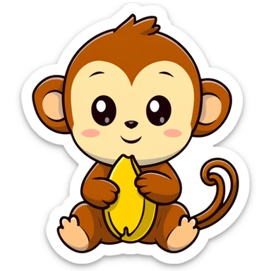 super kawaii baby monkey with big shiny eyes and tiny paws carefully peeling a banana sticker