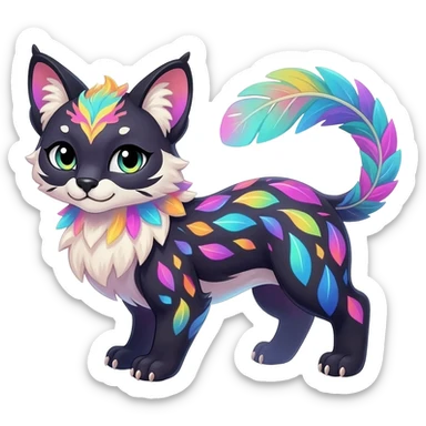 Colorful dark tropical feathery tribal pale light fruity pastel white glorious iridescent divine exotic cute cool beautiful beautiful fantasy-caracal-civet-genet-sergal-vernid-Gryphon-Cacomistle-Trico-oncilla-animal-Fakémon-hybrid-fursona (full body) sticker