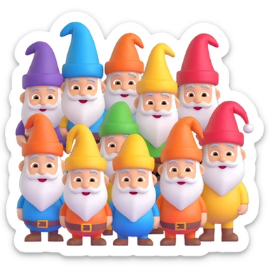group of all seven dwarfs together inspired by Snow White, each dwarf with a unique expression and colorful hats, 3D emoji style sticker