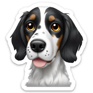 English Setter face, brown eyes, black face and ears, white patch on right cheek, white patch on top of head, ONLY BLACK AND WHITE sticker