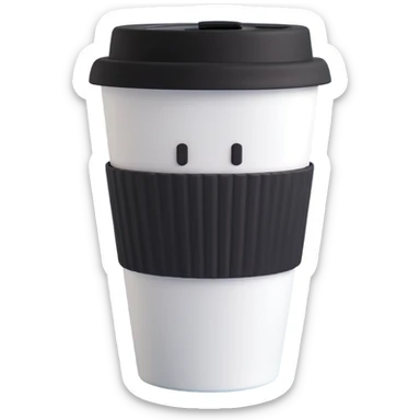 3D emoji style to-go coffee cup, white cup, black lid, black heat protector sleeve, no face, no text sticker