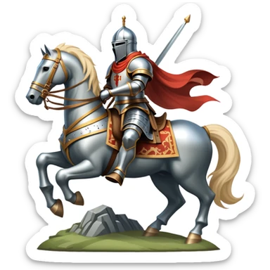 An icon representing an adventure game, inspired by medieval fantasy worlds. The design features a noble knight in gleaming armor, riding a powerful warhorse through a misty battlefield. The backdrop includes towering castles and banners flying in the wind, evoking a sense of honor, duty, and epic quests. Transparent background. sticker