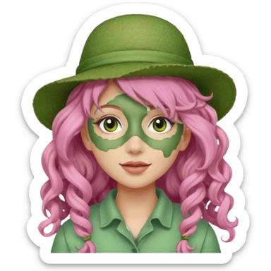 pink haired very long curly haired woman with full full face green clay mask and a hat sticker