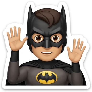 Make a man with brown eyes and dark hair in a Batman costume and mask waving "hello" sticker