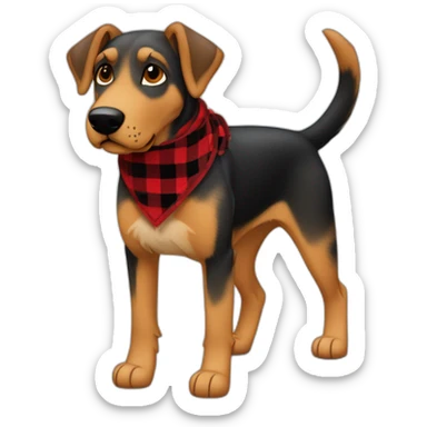 adult 75% Coonhound 25% German Shepherd mix dog with visible tail wearing small pointed red buffalo plaid bandana full body walking left quickly sticker