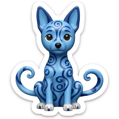 The image is of a small figurine of a blue dog. The dog is sitting on its hind legs with its front paws stretched out in front of it. The body of the dog is covered in a pattern of blue and black swirls, giving it a textured appearance.  sticker