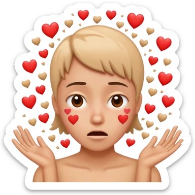 person overwhelmed by a shower of hearts, slightly anxious expression, symbolizing love bombing emoji sticker