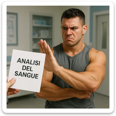realistic young muscular bodybuilder with a stubborn and distrustful expression, refusing a paper with the text 'Analisi del sangue' offered by an off-screen hand, denial gesture, wearing sportswear, skeptical atmosphere, medical clinic background, Italian text, 4K quality sticker
