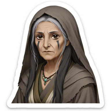 Mirri Maz Duur is a weathered, old Lhazareen woman with deep-set dark eyes, high cheekbones, and a sharp nose, giving her a stern, knowing expression. Her long, unkempt dark hair streaked with gray falls loosely over her shoulders, and her earth-toned, tattered robes mark her as a humble healer. Despite her frail appearance, she exudes an aura of mystery and menace, her hands stained with herbs and blood from both healing and dark sorcery. sticker