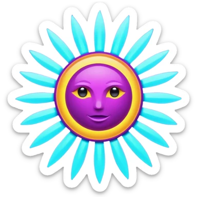 Futuristic glowing sun emoji, neon rays, bright holographic purple and cyan glow, dark background, digital tech style sticker