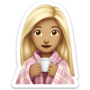 A blonde girl covered in a plaid light pink blanket sipping hot tea sticker
